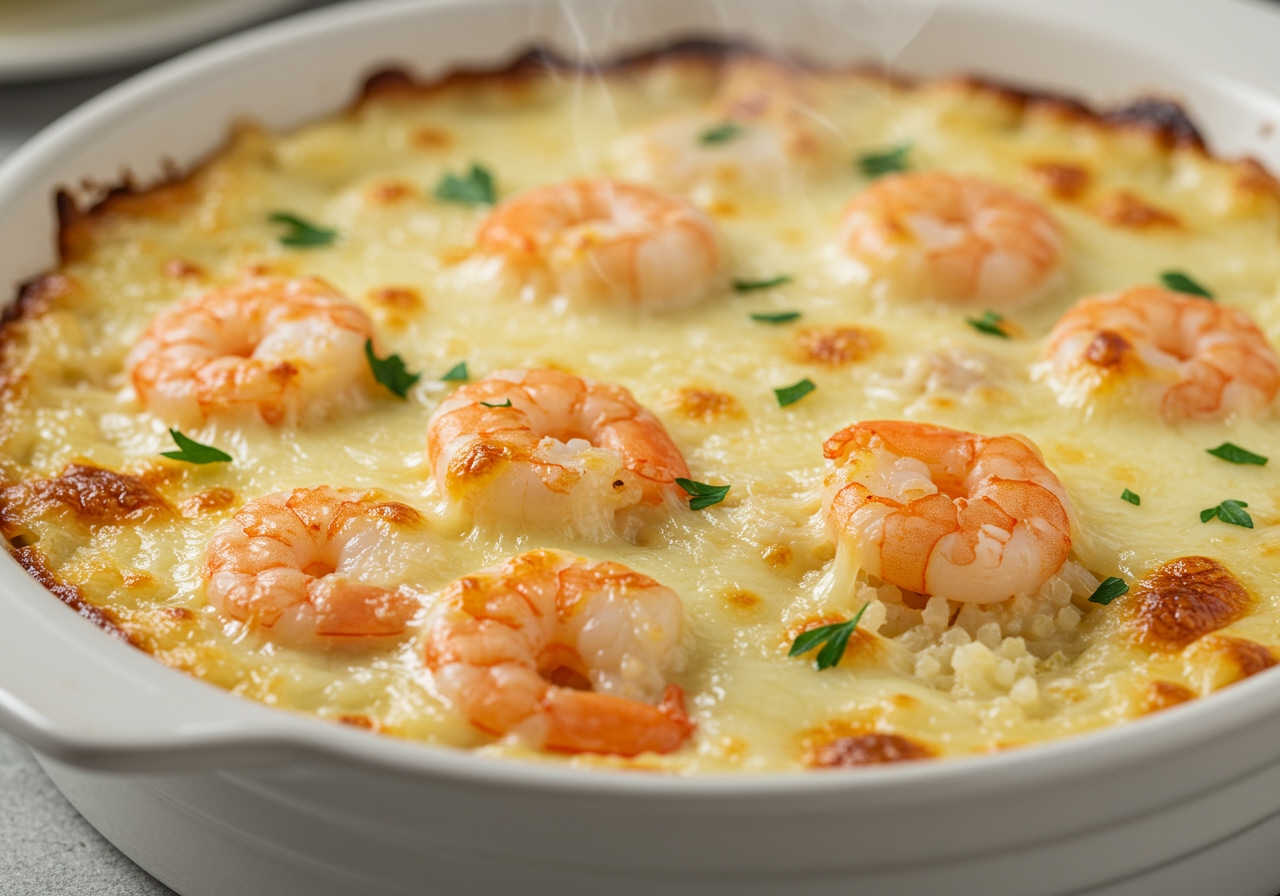 A close-up shot of a bubbling, golden-brown shrimp cream doria just out of the oven.