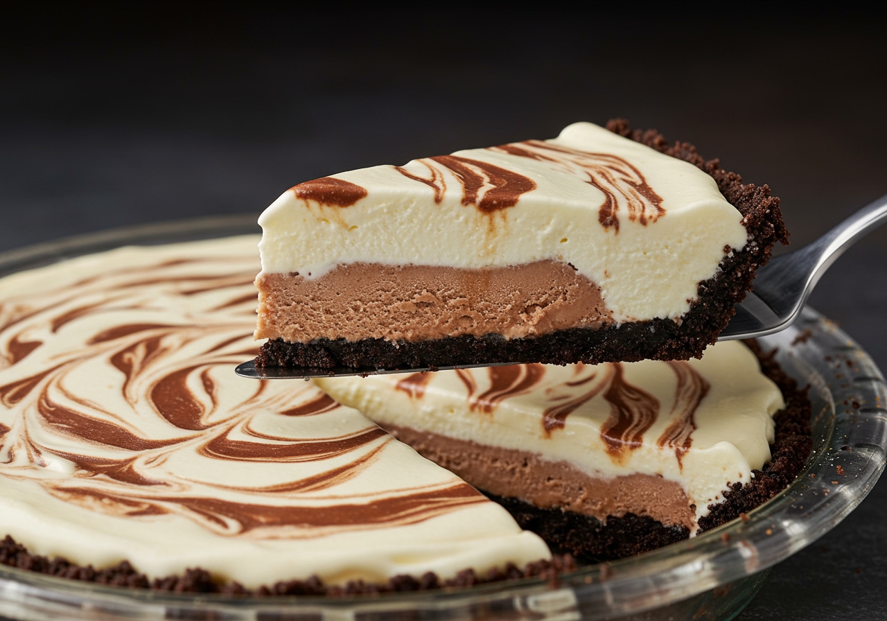 A close-up shot of a clean slice of ice cream pie being lifted from the pie dish with a pie server, showing the distinct layers clearly.