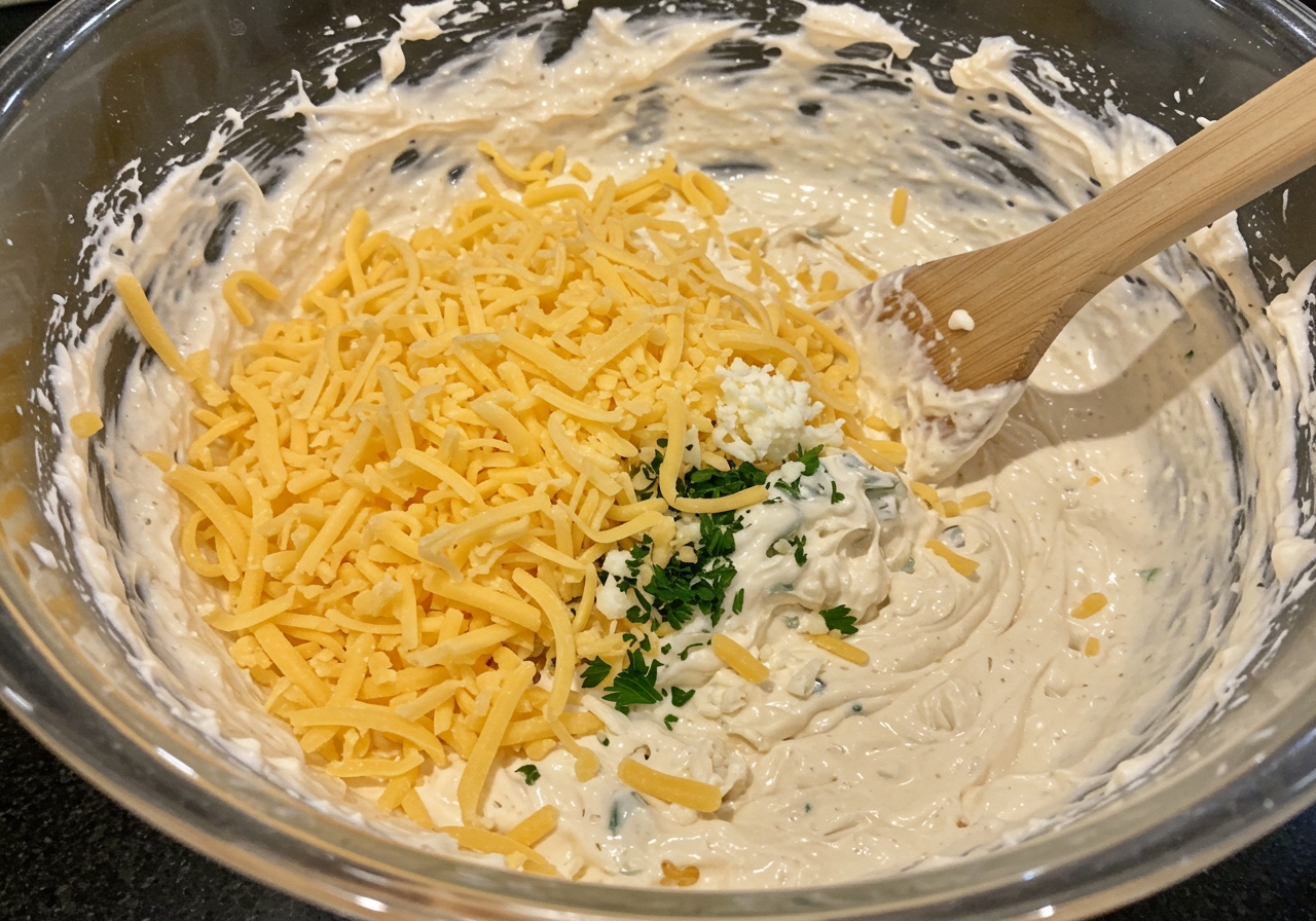 A close-up shot of a creamy cheese dip mixture in a large mixing bowl, showing the various cheese shreds and herbs before baking. A wooden spoon is in the bowl, indicating a smooth, well-combined texture.