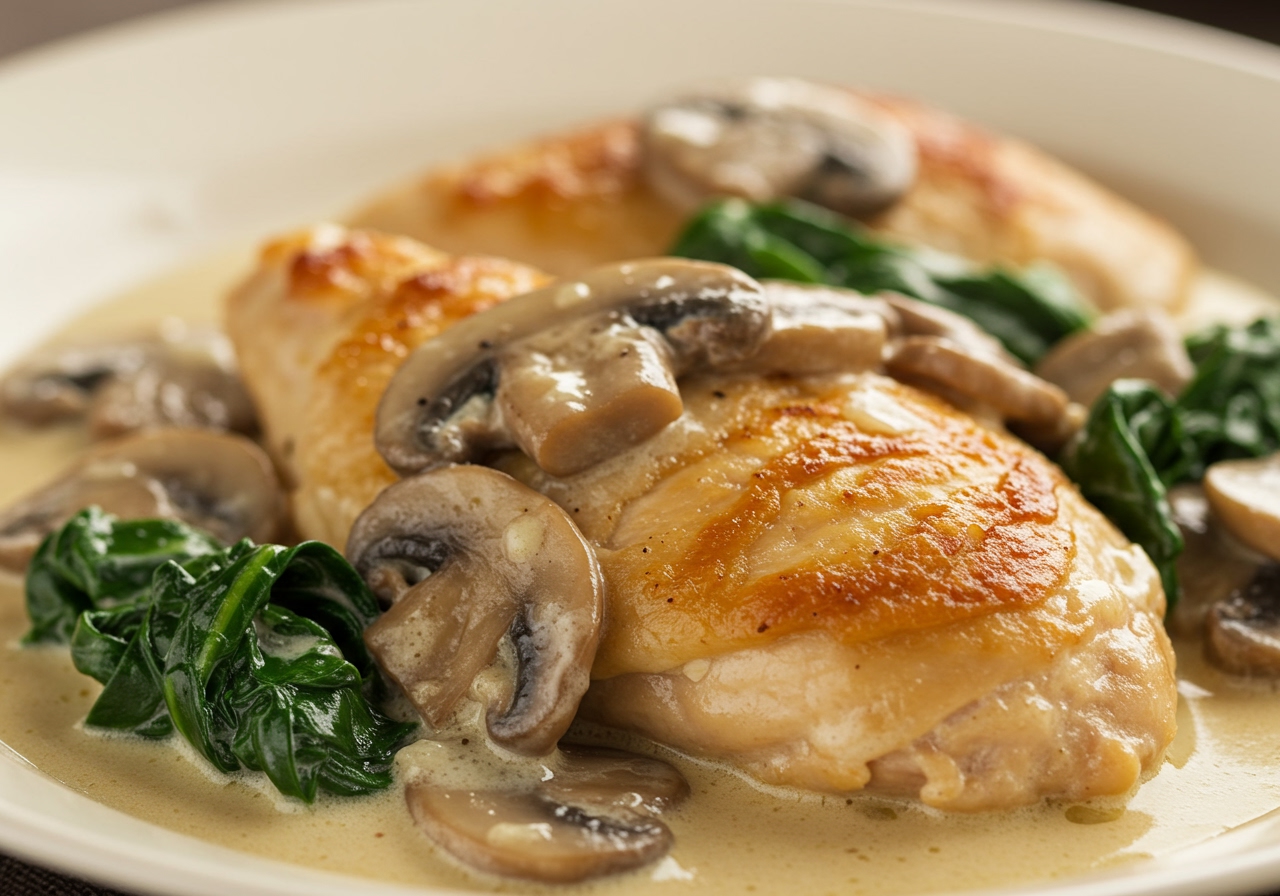 A close-up shot of a creamy chicken and mushroom dish with spinach, looking rich and satisfying.
