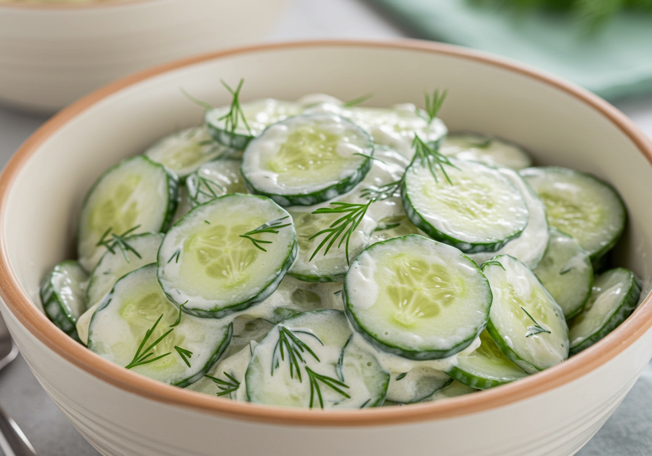 A close-up shot of a creamy cucumber salad in a serving bowl, garnished with fresh dill sprigs, showing the texture of the dressing and the thinly sliced cucumbers, ready to be served.