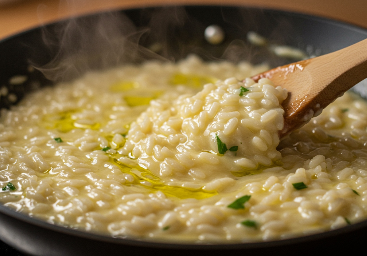 A close-up shot of a creamy, healthy parmesan risotto being stirred gently in a pan, showing the perfect consistency and scattered green herbs.