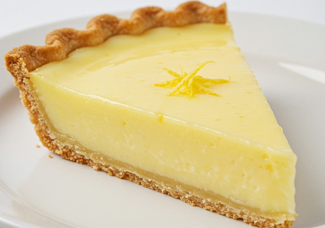 A close-up shot of a creamy lemon pie slice, showing the smooth, vibrant yellow filling and a perfectly textured golden crust. The surface of the filling is glossy and inviting, with a small garnish of fresh lemon zest.