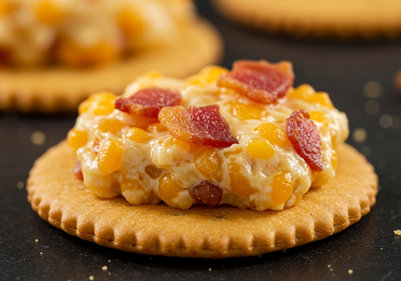 A close-up shot of a crispy cracker generously topped with the bacon and onion cheese spread, ready to be eaten.
