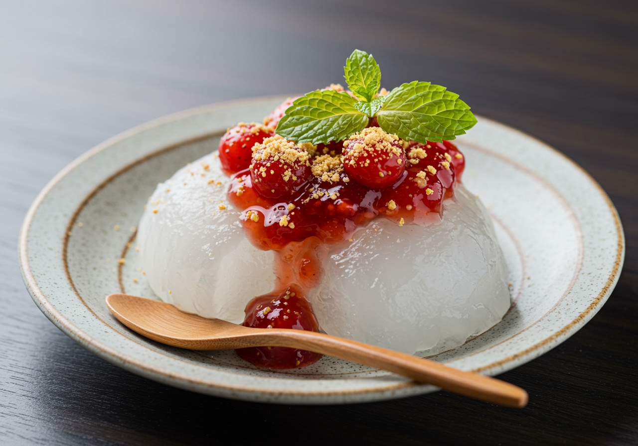 A close-up shot of a delicate, clear mizu shingen mochi on a small plate, generously topped with glistening red strawberry compote, a sprinkle of golden kinako, and a drizzle of dark kuromitsu, with a fresh mint sprig.