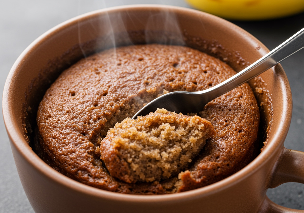 A close-up shot of a delicious-looking banana bread mug cake, just out of the microwave, with steam gently rising. The texture should look moist and fluffy. A spoon is inserted into the cake.
