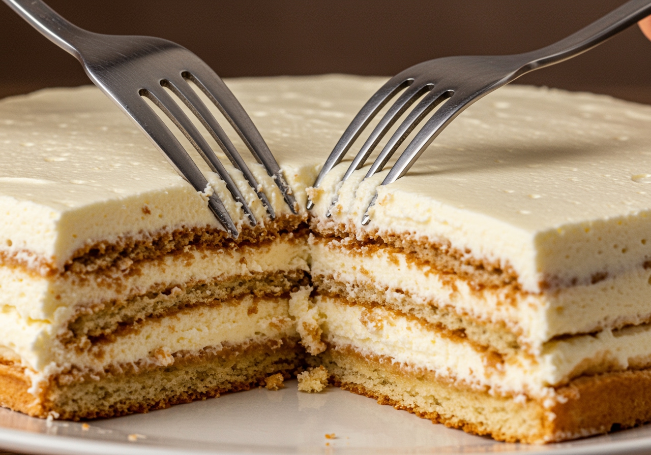 A close-up shot of a fork cutting into a slice of the layered cold cake, showing the texture of the cream and biscuit layers.