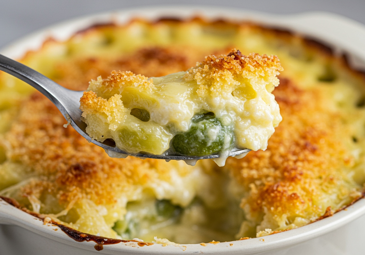 A close-up shot of a fork scooping a spoonful of the healthy gratin, showing the creamy interior and crispy topping.