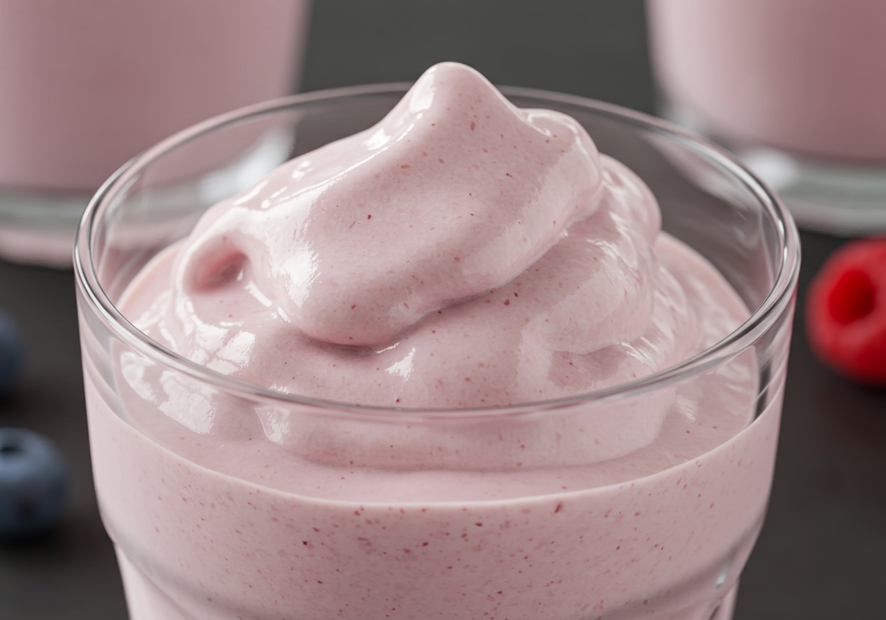A close-up shot of a frosty Calpis frozen yogurt drink in a glass, showing a slightly icy, thick texture. Maybe some berries blended in or a berry garnish. Cool, refreshing vibe.