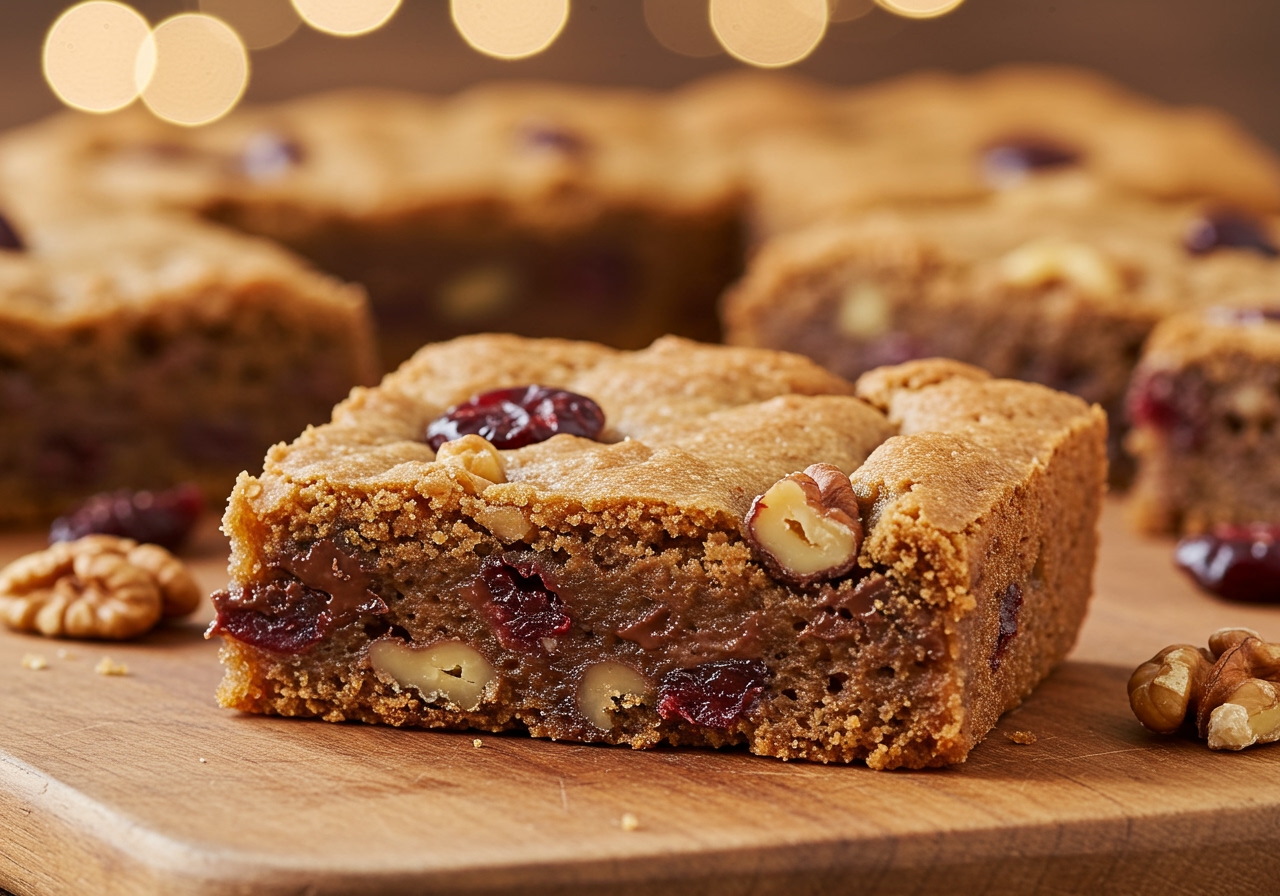 A close-up shot of a gluten-free holiday bliss cookie bar showing its rich, moist texture with visible bits of chocolate, nuts, and dried cranberries.
