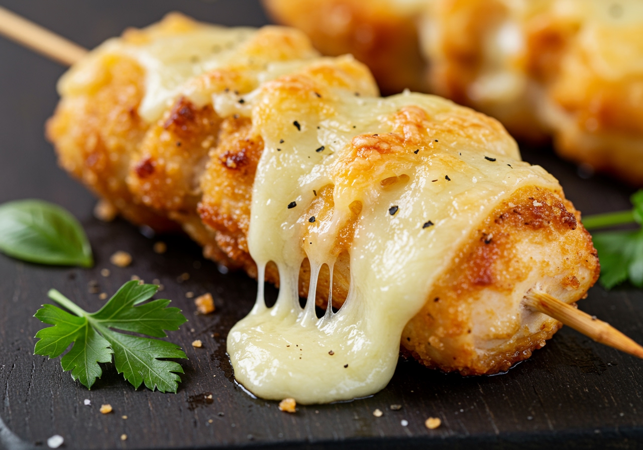 A close-up shot of a golden-brown Parmesan chicken skewer, showing the crispy exterior texture and melted cheese.