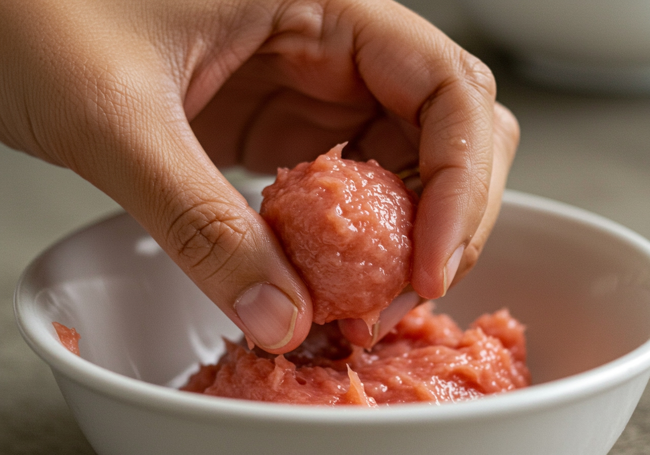 A close-up shot of a hand forming a small, smooth ball of pink shrimp paste mixture over a bowl.