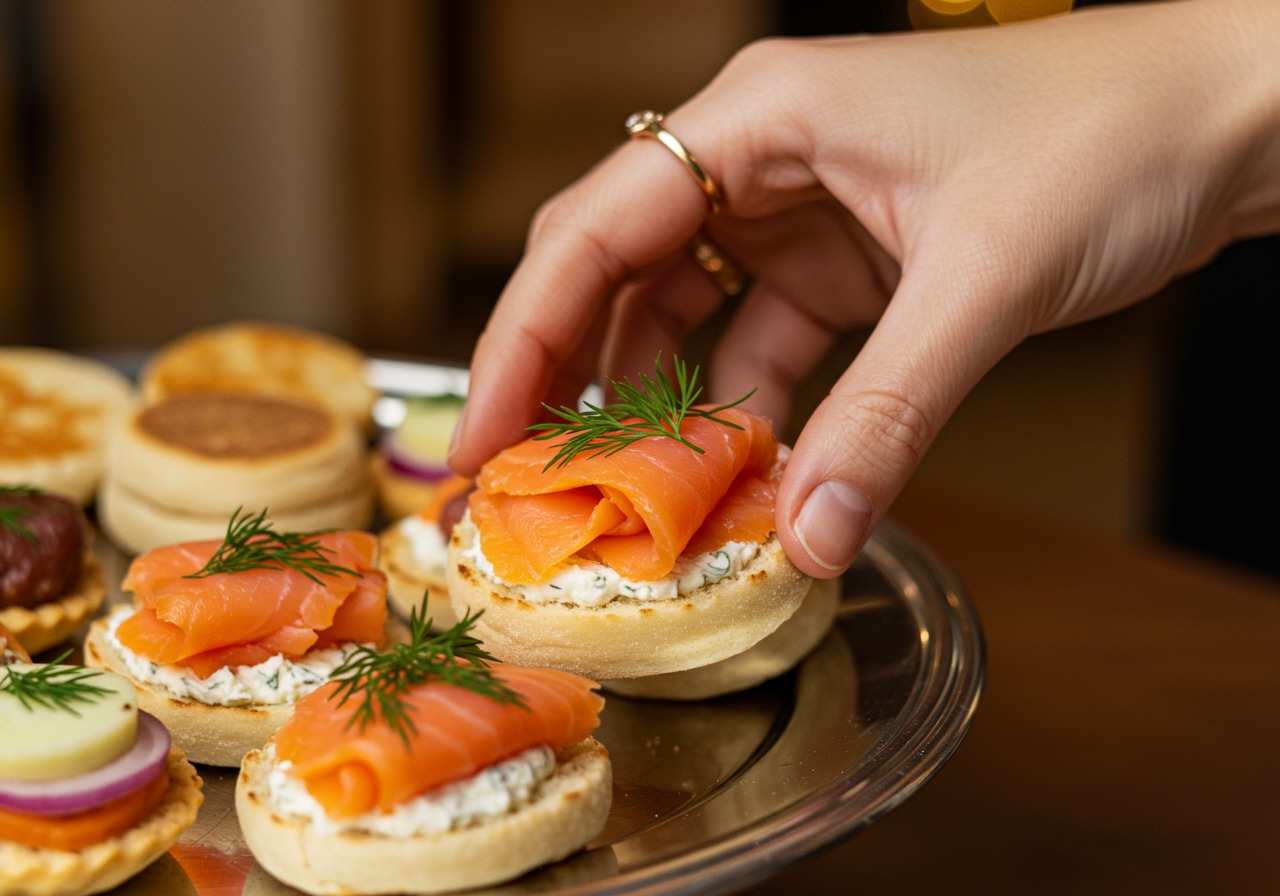 A close-up shot of a hand reaching for a healthy English muffin appetizer from a platter.