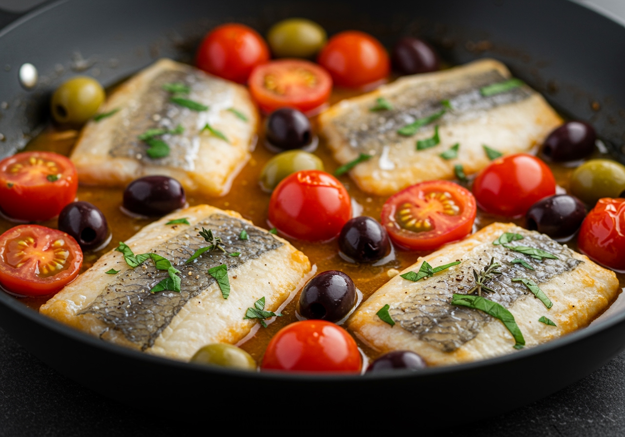 A close-up shot of a healthy aquapazza-style dish with white fish, cherry tomatoes, olives, and herbs in a pan, looking fresh and flavorful.