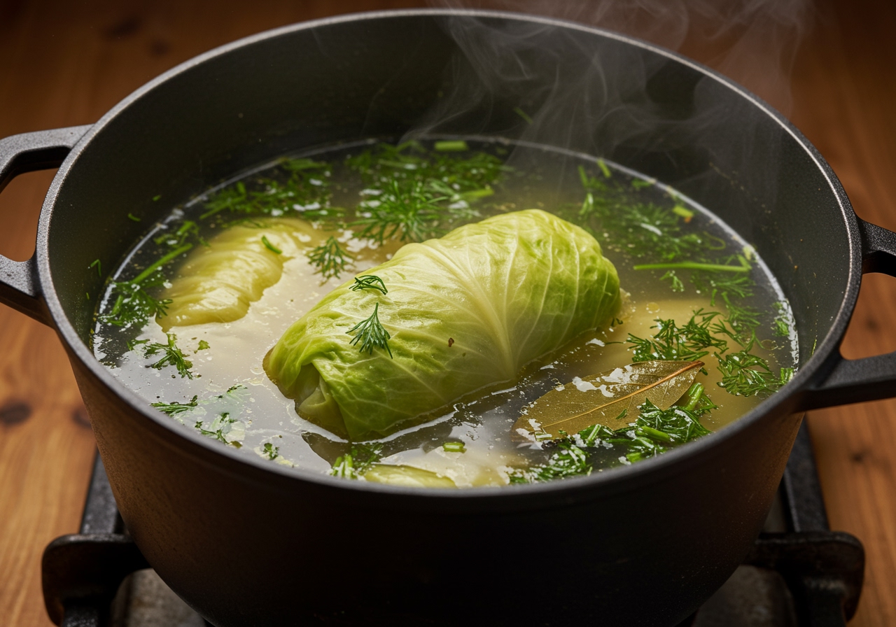 A close-up shot of a healthy cabbage roll simmering gently in a large pot with a clear, light vegetable broth and fresh herbs.