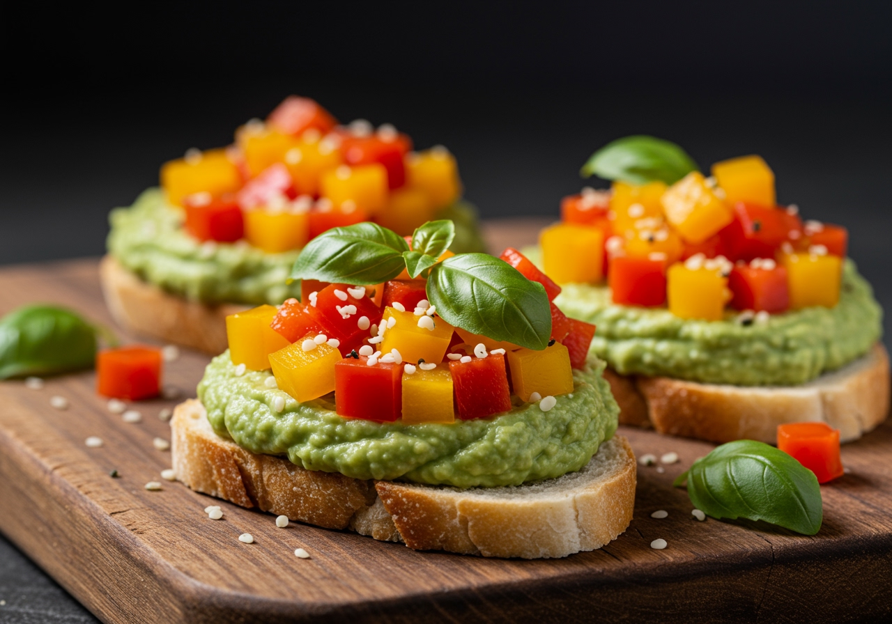 A close-up shot of a healthy cheese avocado appetizer, topped with colorful diced bell peppers, a sprinkle of hemp seeds, and a few fresh basil leaves, on a rustic wooden board.