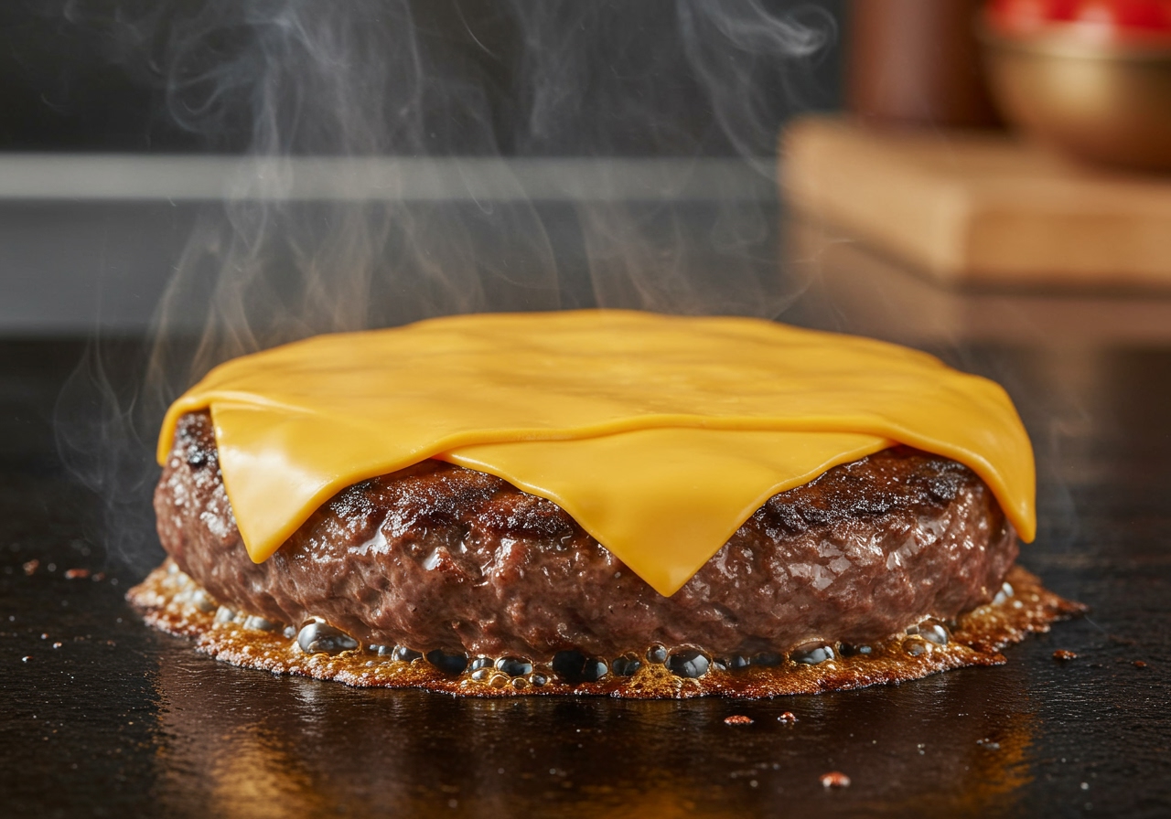 A close-up shot of a juicy beef patty with melted cheese, sizzling on a hot grill, with a blurred background of kitchen elements.