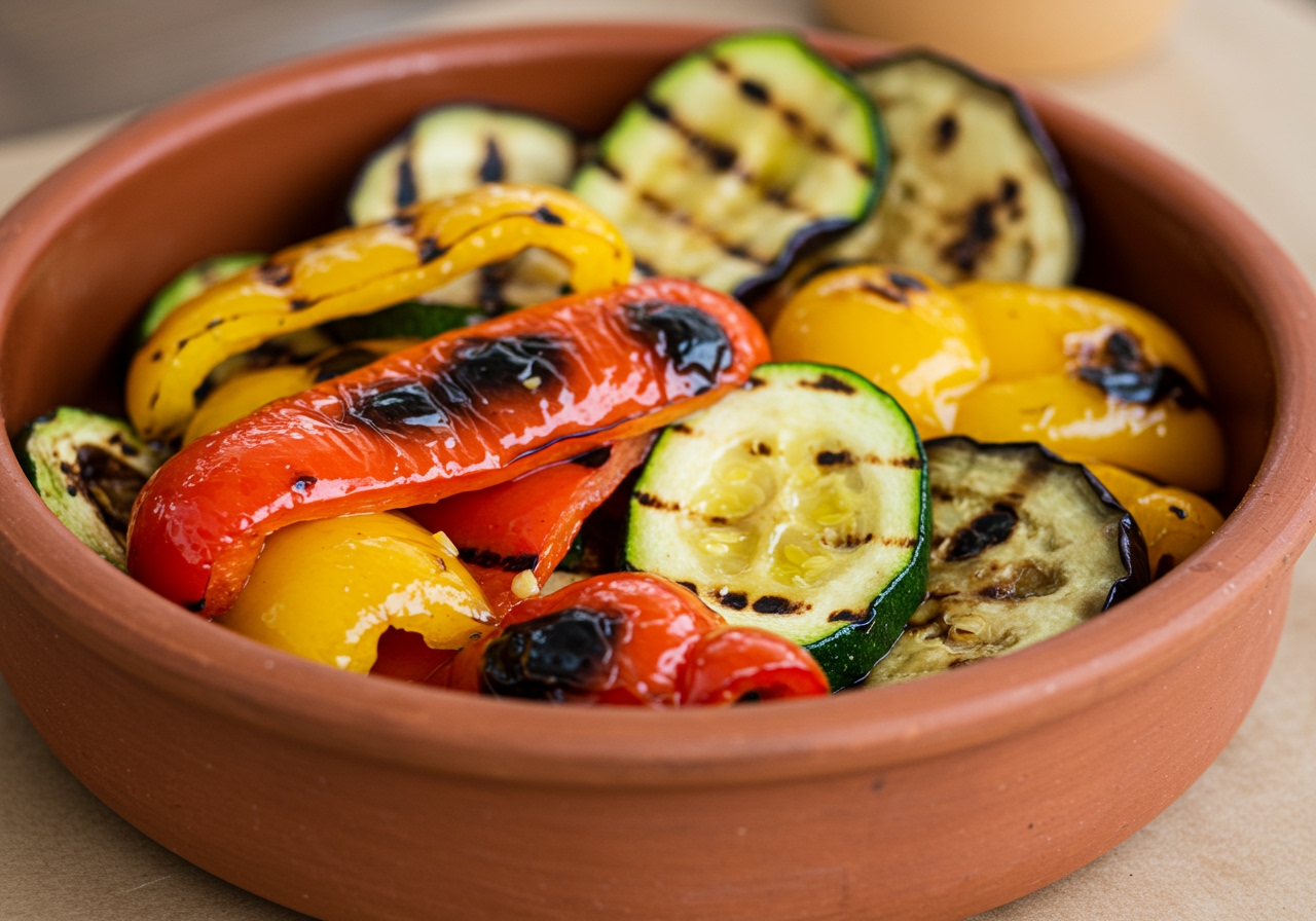 A close-up shot of a mixed grilled vegetable salad in a rustic bowl, showing the charred edges and vibrant colours of bell peppers, zucchini, and eggplant.