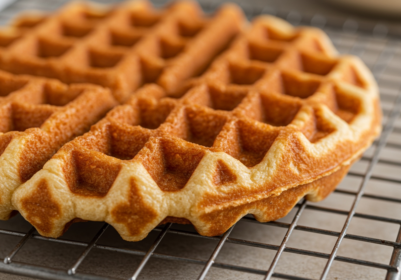 A close-up shot of a perfectly baked, golden-brown yeast waffle showing its fluffy interior texture, placed on a cooling rack.