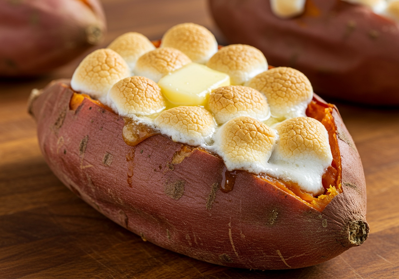 A close-up shot of a perfectly baked sweet potato with golden-brown melted marshmallows, glistening with a hint of butter, ready to be served.