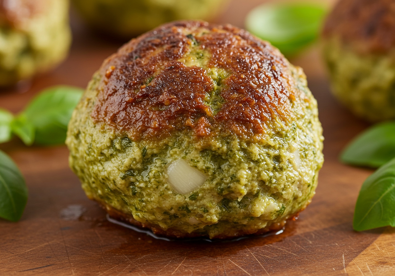 A close-up shot of a perfectly browned, juicy pesto turkey meatball, showing the flecks of green pesto and golden crust, ready to be eaten.