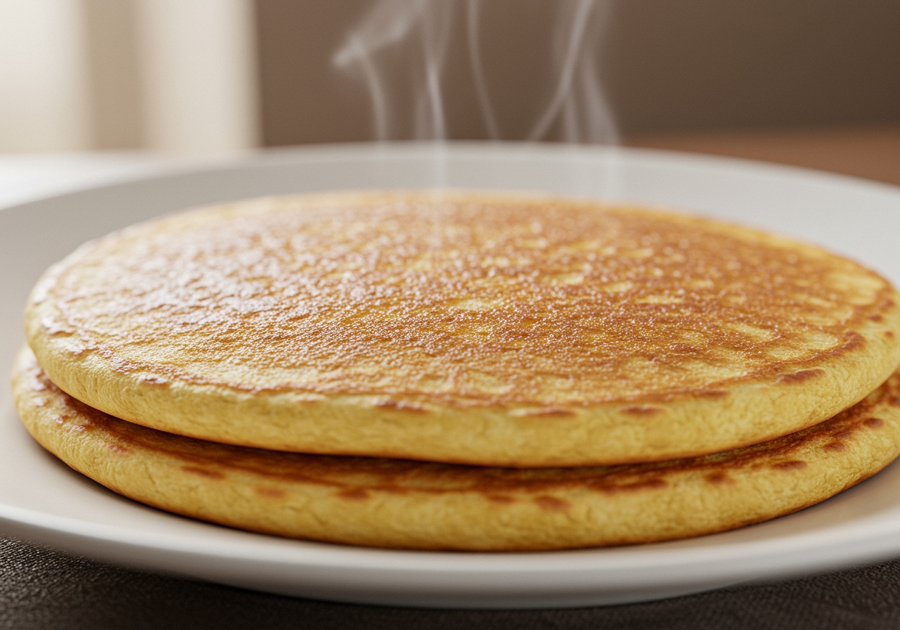 A close-up shot of a perfectly cooked, golden brown buttermilk pancake with visible fluffy texture, steam gently rising from it, ready to be served.