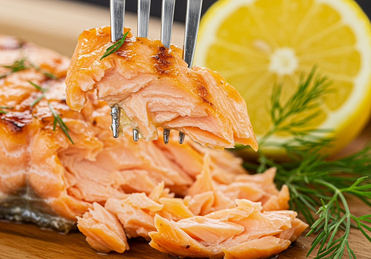 A close-up shot of a perfectly flaked piece of grilled salmon being lifted with a fork, showing its juicy texture, next to a lemon wedge and fresh dill.