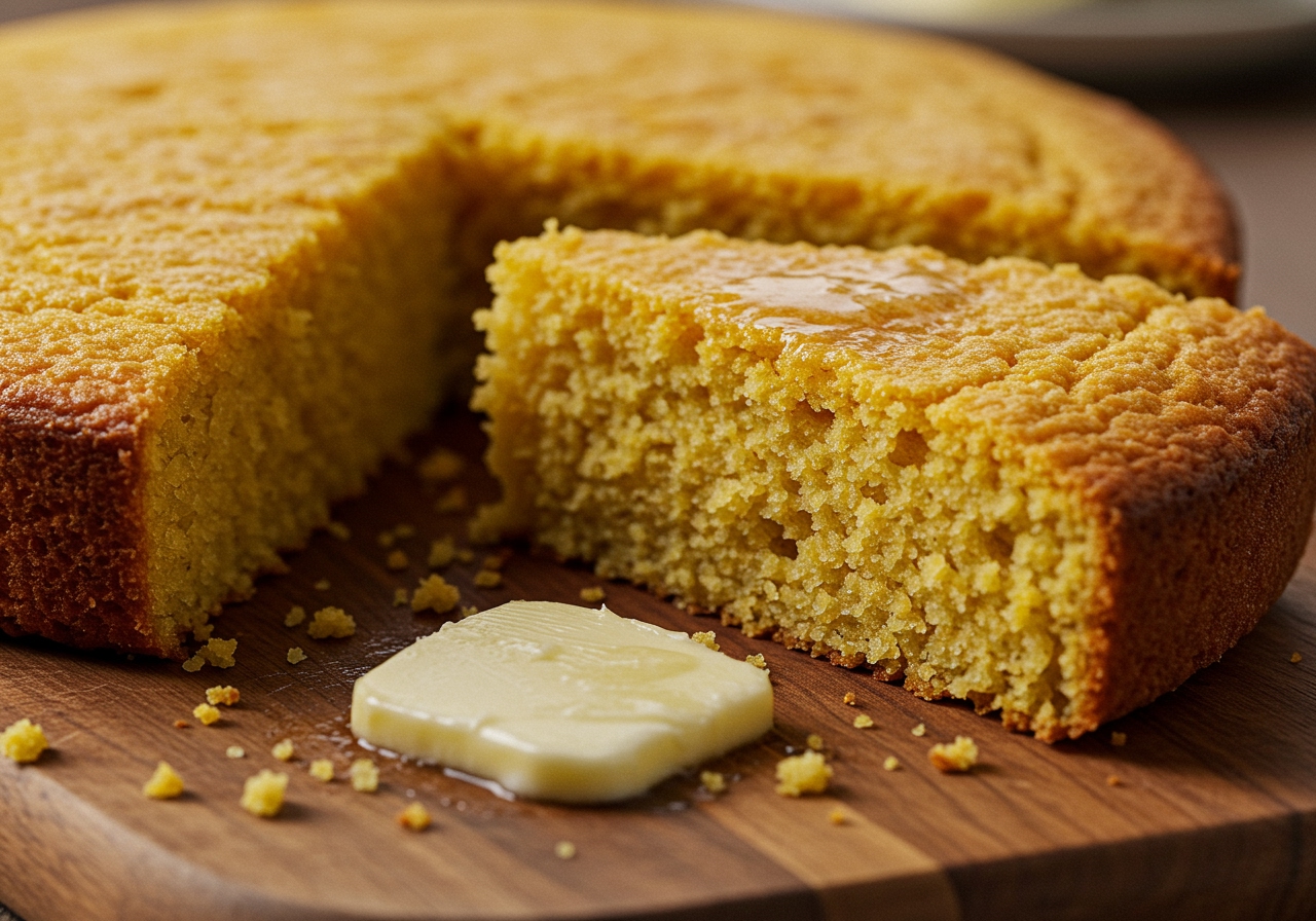 A close-up shot of a perfectly golden, moist slice of cornbread, with visible cornmeal texture and a slight crumble, indicating deliciousness.