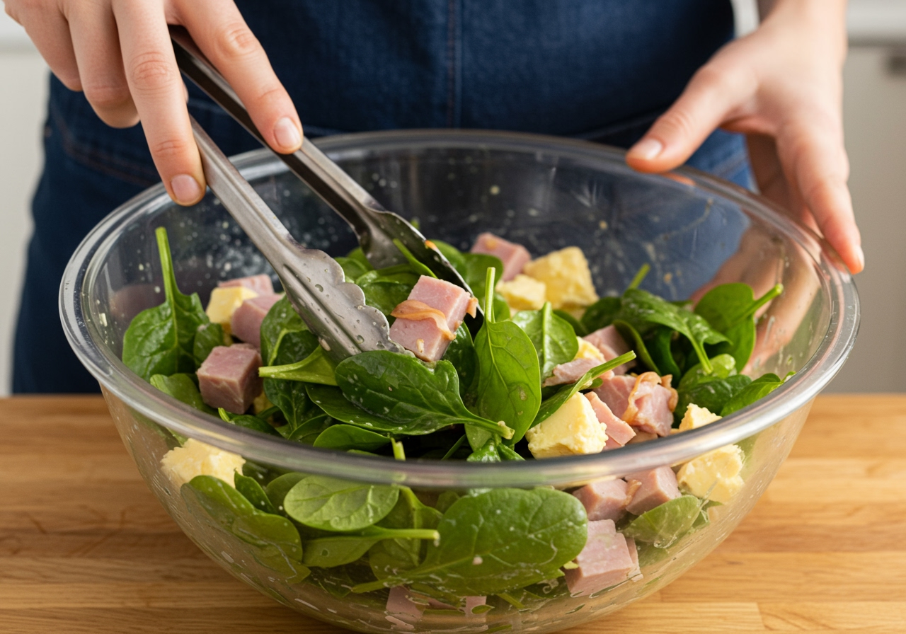 A close-up shot of a person's hand gently tossing an Easy Spring Ham and Spinach Salad with salad tongs in a large glass bowl. The ingredients are vibrant and well-coated with dressing, showing movement and freshness.