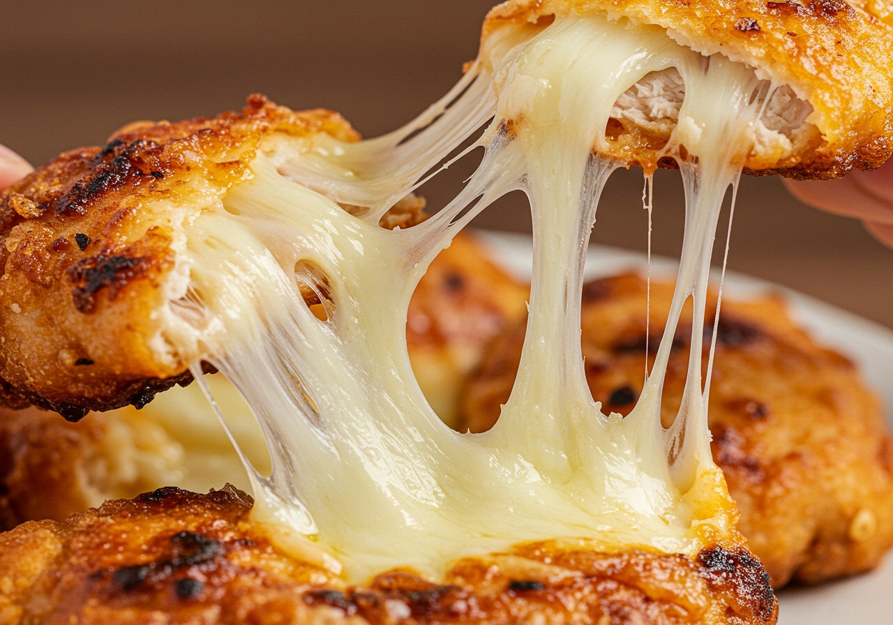 A close-up shot of a piece of cheese chicken being pulled, showing the melted cheese stretching.