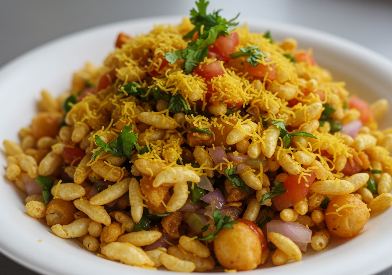 A close-up shot of a plate of Bhel Puri, showing the mix of puffed rice, sev, vegetables, and chutneys.