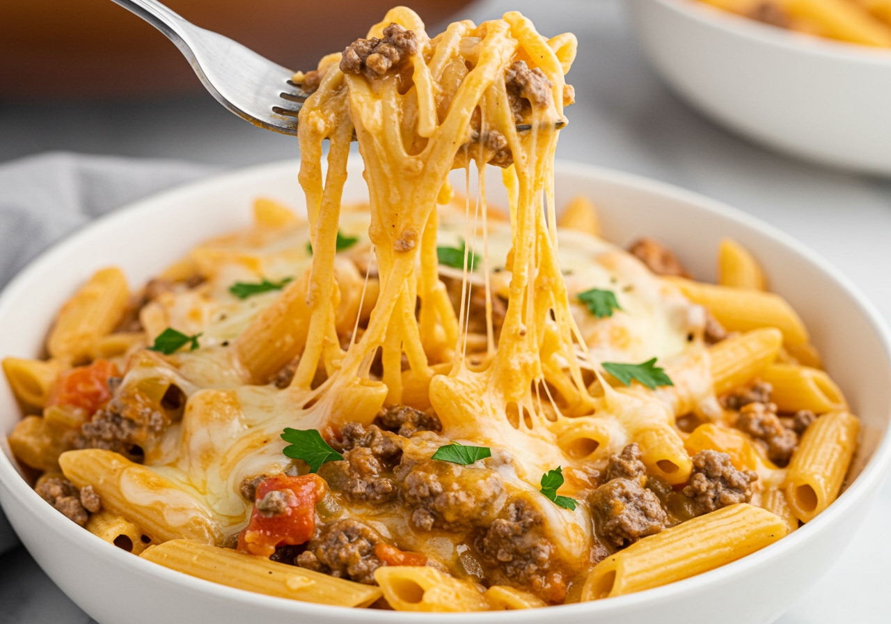 A close-up shot of a serving of creamy, cheesy one-pot cheeseburger pasta in a white bowl, with a fork pulling up strands of pasta and melted cheese. Garnished with a sprinkle of fresh herbs.