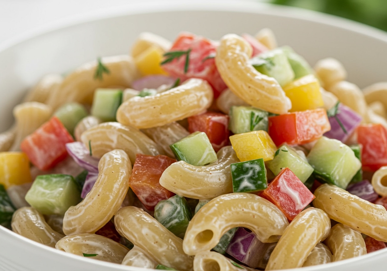 A close-up shot of a serving of healthy macaroni salad, showcasing the texture of the whole-grain pasta and the vibrant colors of the finely chopped vegetables, with a creamy yet light dressing.