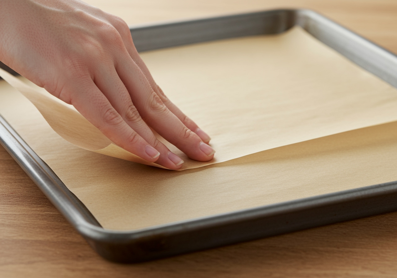 A close-up shot of a sheet pan being lined with parchment paper before adding ingredients