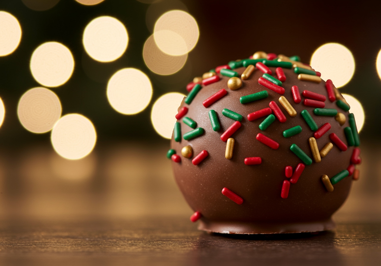 A close-up shot of a single Costco Hallmark Holiday Cake Ball, showcasing its festive sprinkles and smooth chocolate coating, with a bokeh background of twinkling lights.