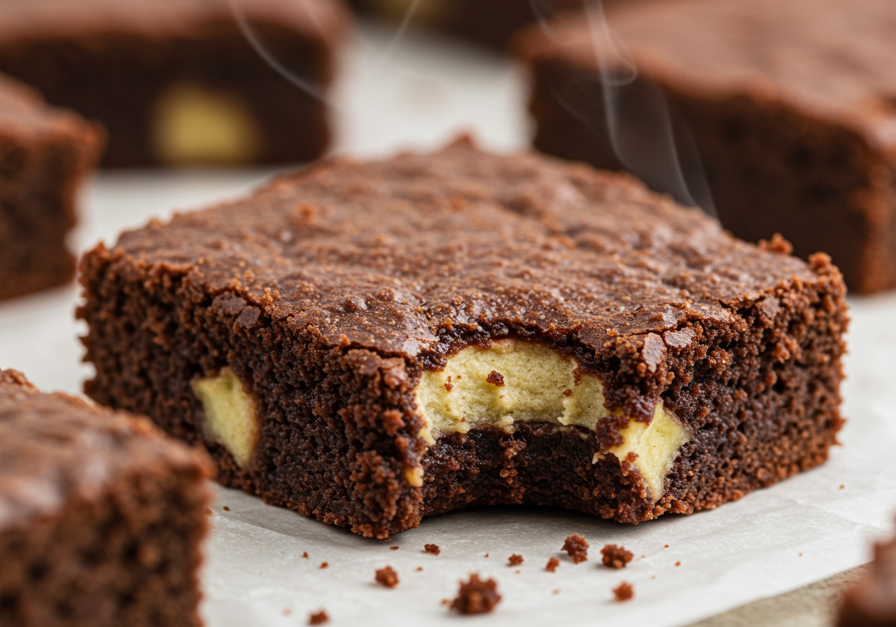 A close-up shot of a single healthy apple brownie square, showing its moist interior, with a corner gently bitten off to reveal the texture. Steam might be subtly rising.