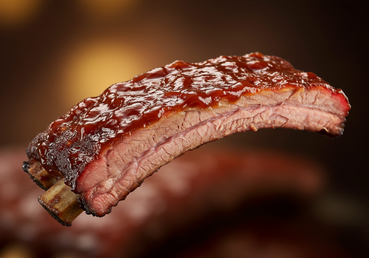 A close-up shot of a single healthy oven BBQ rib, showing the tender meat and glistening sauce.