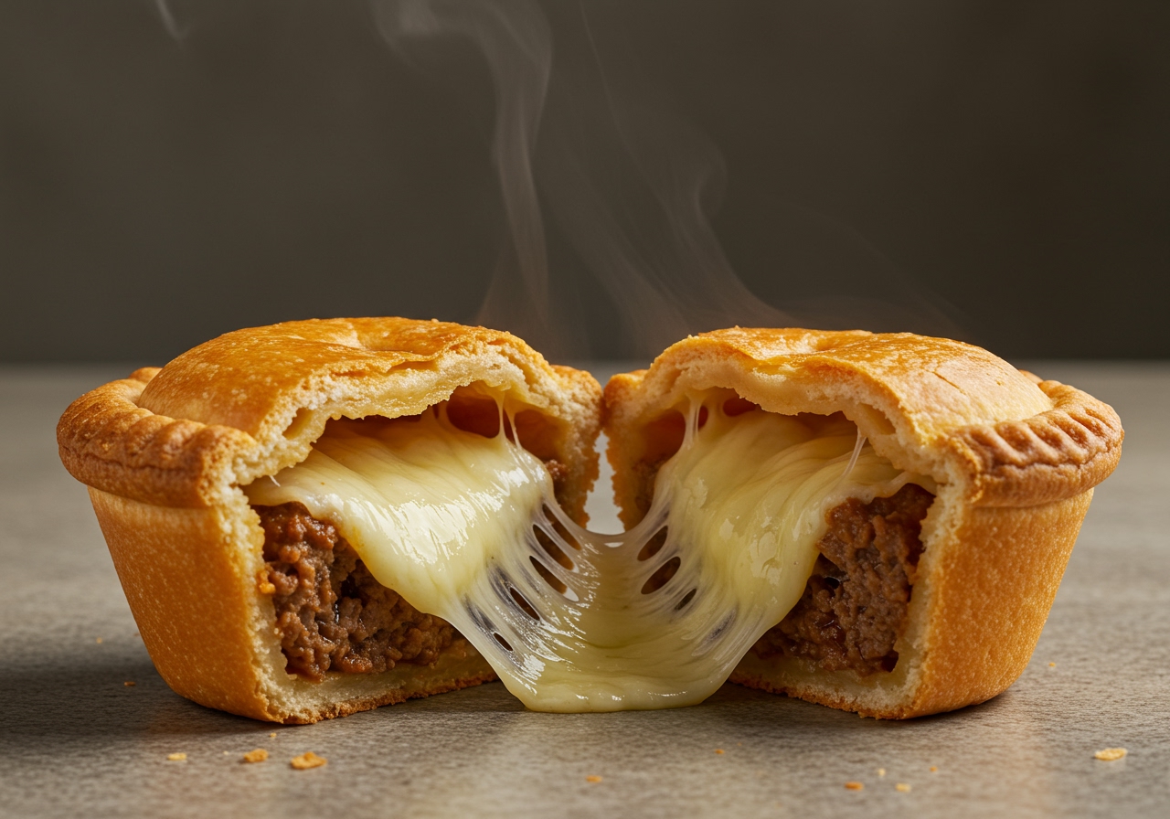 A close-up shot of a single mini meat pie, cut in half, revealing the juicy meat filling and stretchy, melted cheese inside, steam gently rising.