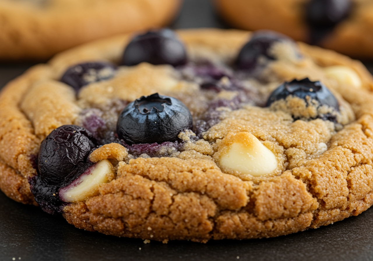 A close-up shot of a single natural blueberry and white chocolate cookie, showing the texture, visible blueberries and white chocolate chips.