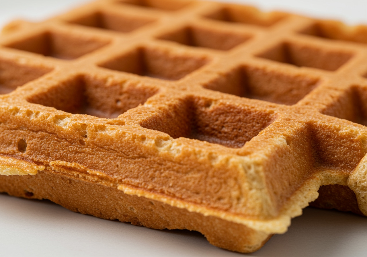 A close-up shot of a single perfectly golden-brown almond flour waffle, showing its crispy edges and fluffy interior, ready to be eaten.