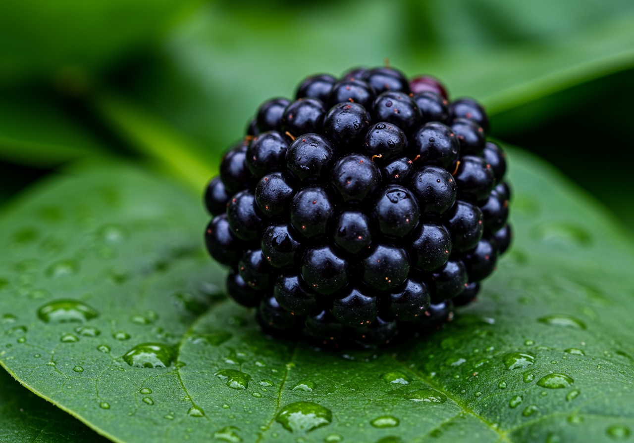 A close-up shot of a single perfectly ripe blackberry resting on a vibrant green spinach leaf, emphasizing the fresh textures and rich colors.