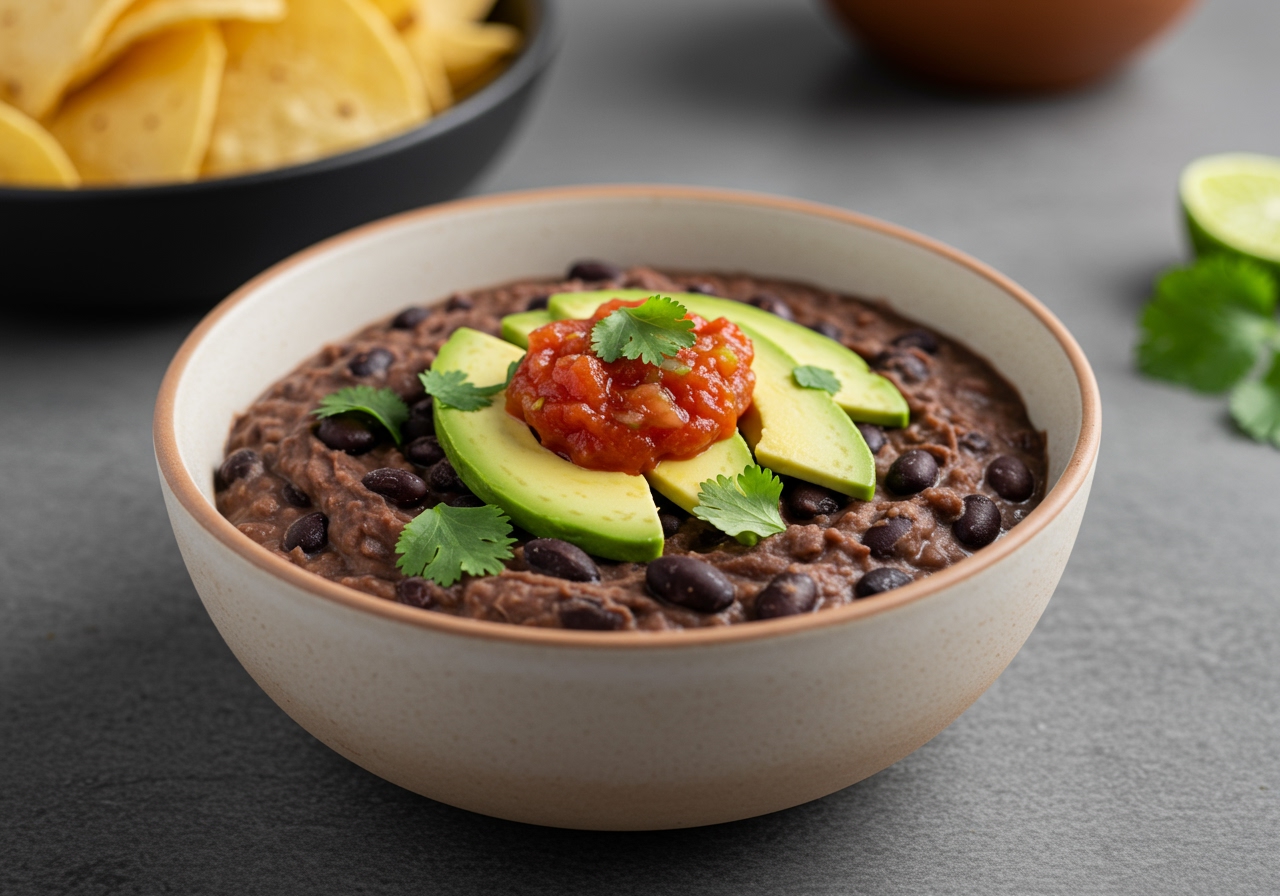A close-up shot of a single serving bowl of refried black beans, topped with a dollop of fresh salsa, avocado slices, and a sprinkle of chopped cilantro, emphasizing its fresh and healthy appeal.