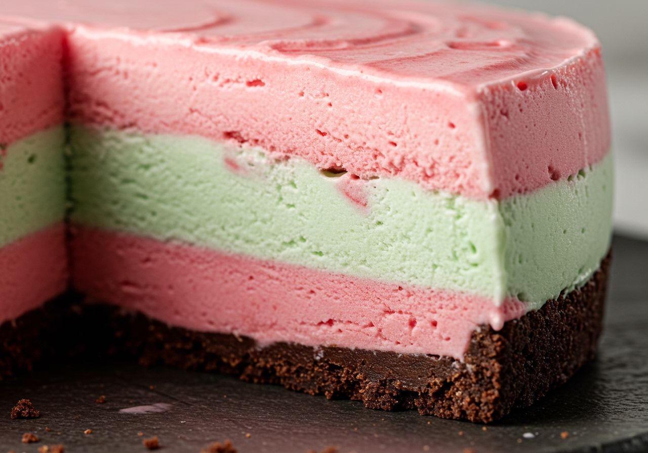 A close-up shot of a slice of a colourful layered ice cream pie, showing different ice cream flavours stacked on a dark crust.