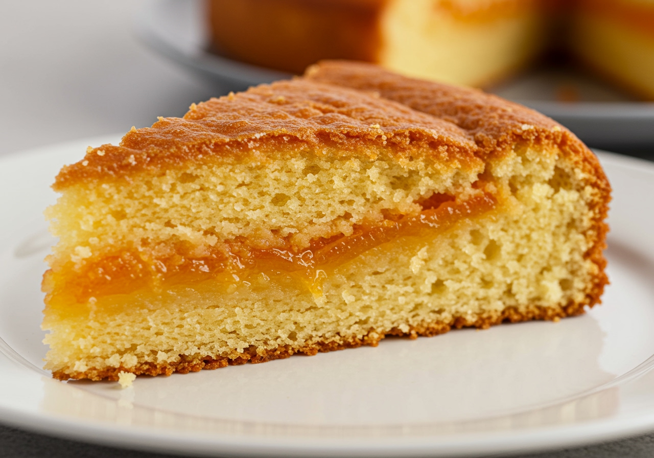 A close-up shot of a slice of orange marmalade cake, showing the moist texture and pieces of orange peel from the marmalade.