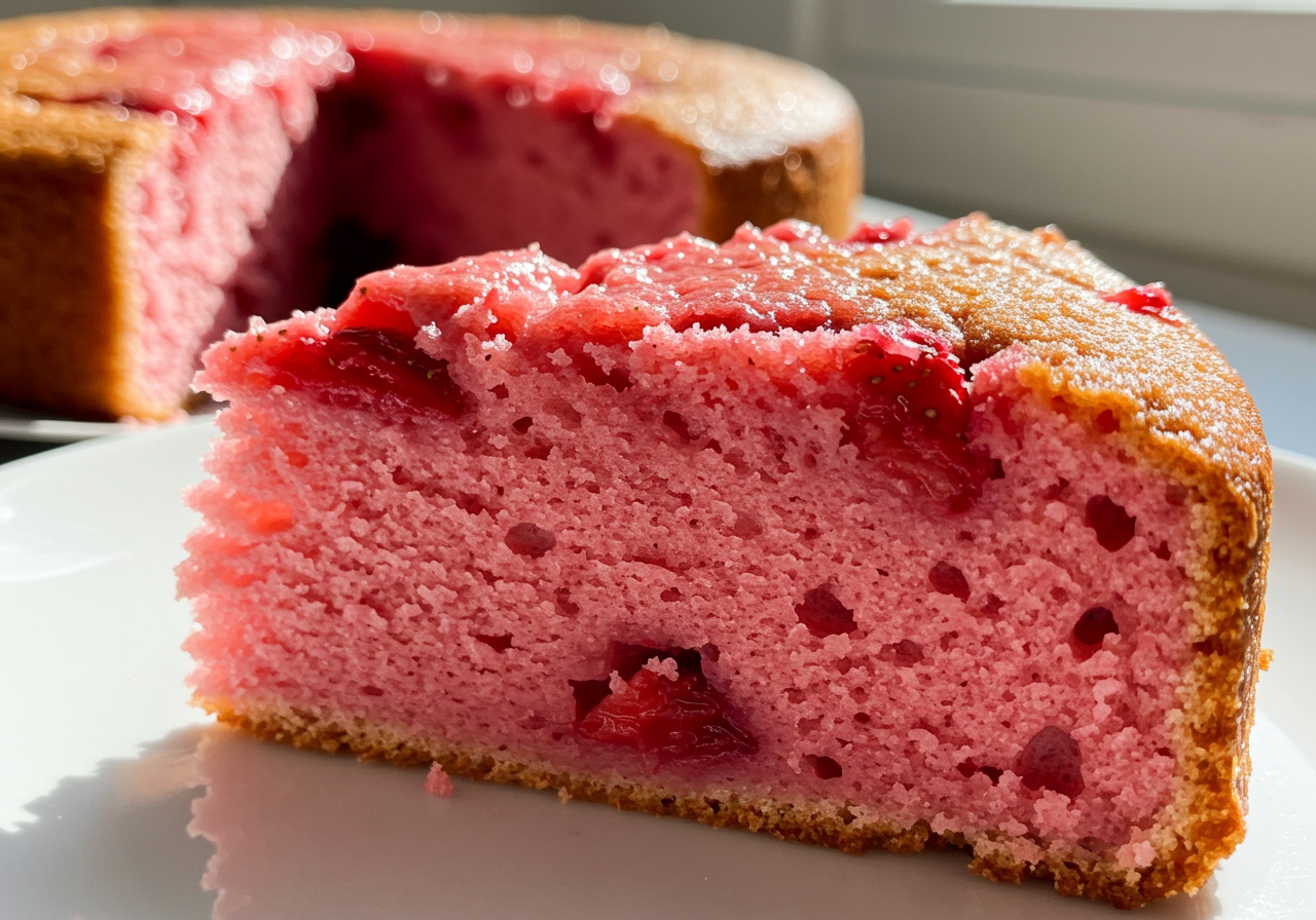 A close-up shot of a slice of the strawberry blender cake, showing the texture and bits of strawberry