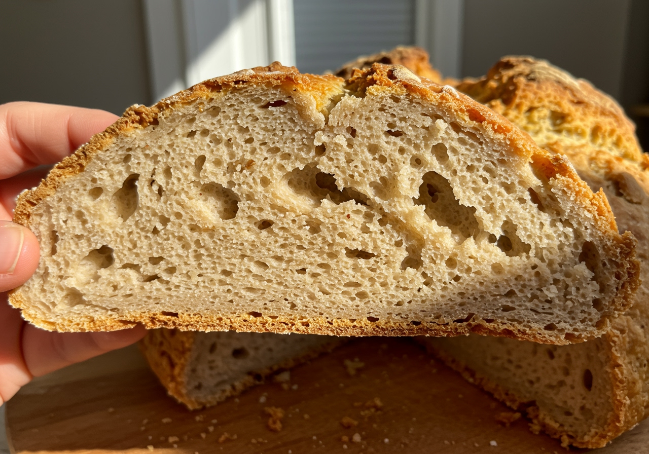 A close-up shot of a slice of warm, soft Irish soda bread being pulled apart, showing the moist interior texture.