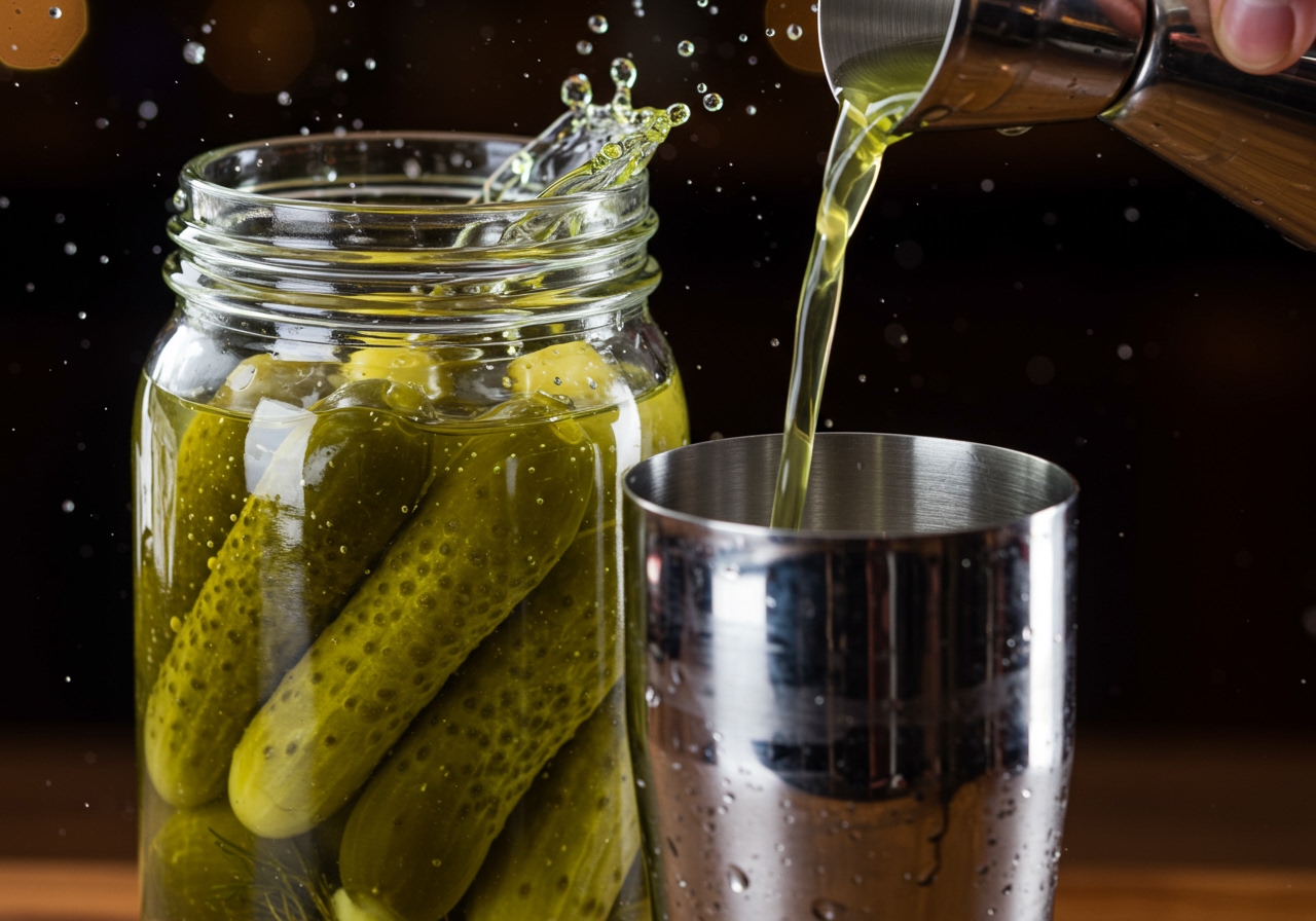 A close-up shot of a small glass jar of dill pickles with brine, and a jigger pouring the green-tinged brine into a cocktail shaker.