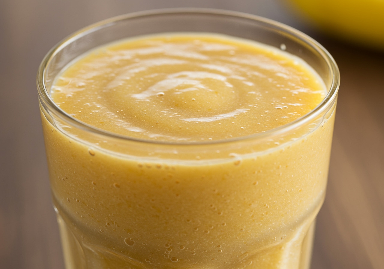 A close-up shot of a smooth, creamy banana smoothie in a glass, showing its texture and appealing color