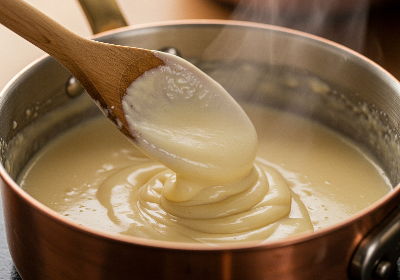 A close-up shot of a smooth, creamy béchamel sauce being stirred in a saucepan with a wooden spoon, before adding crab meat.