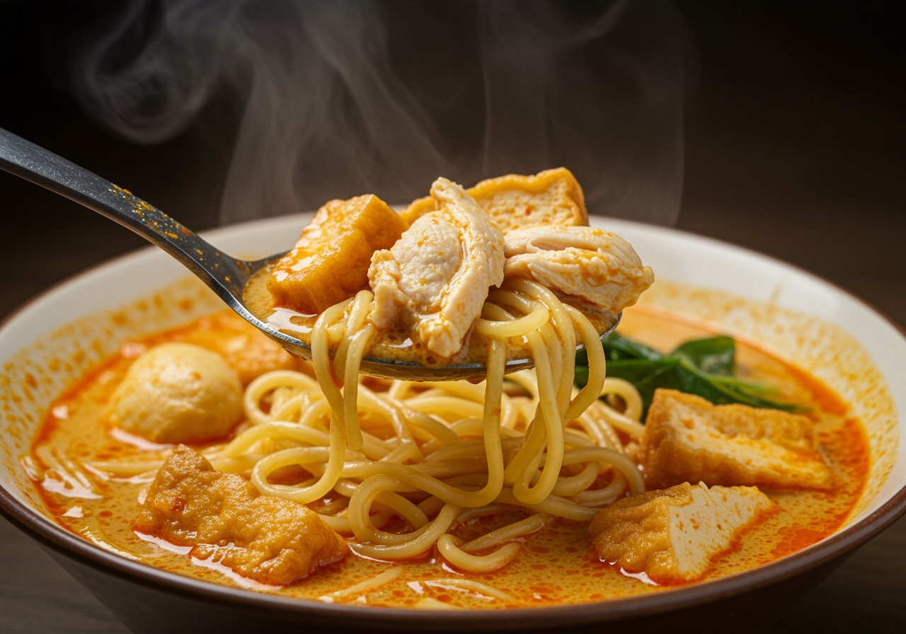 A close-up shot of a spoon scooping up the rich, creamy Laksa soup with noodles and pieces of chicken/tofu.